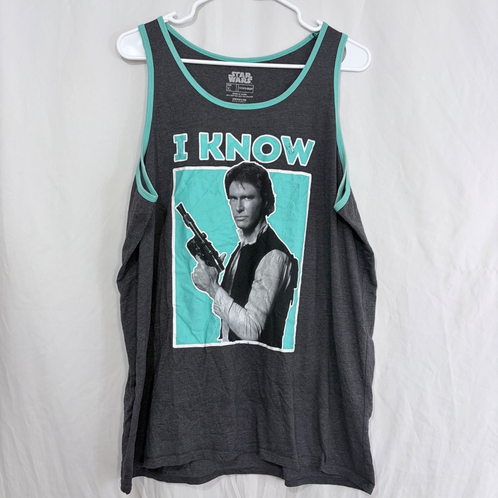 Star Wars‎ Han Solo "I Know" Graphic Tank Top Gray Teal Trim Womens XL